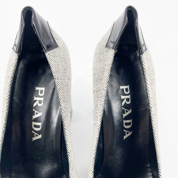 Prada Vintage 90s Black Leather Trim Gray Fabric Square Toe Block Heels IT 38 - Picture 7 of 10